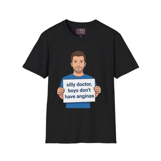 Graphic T-Shirt — 'silly doctor, boys don't have anginas' Cartoon Man Tee
