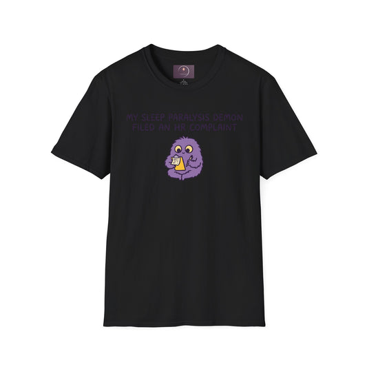 Sleep Paralysis Demon T‑Shirt — Funny Cute Purple Monster with HR Complaint