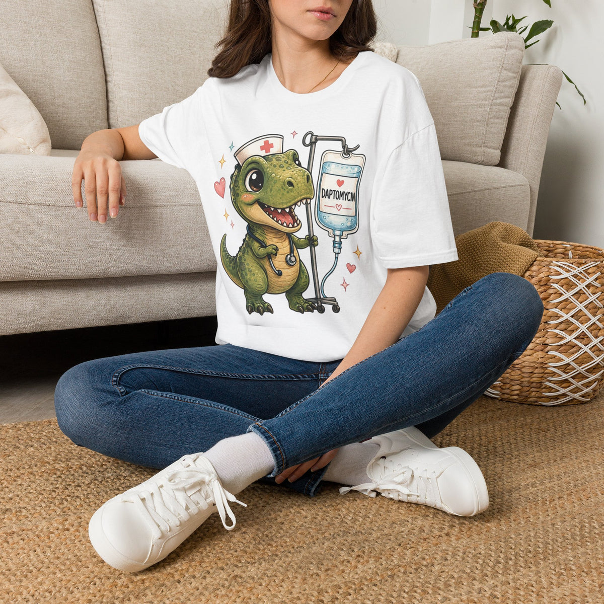 Nurse Dino T‑Shirt — Cute Daptomycin IV Cartoon Tee for Nurses & Med Students