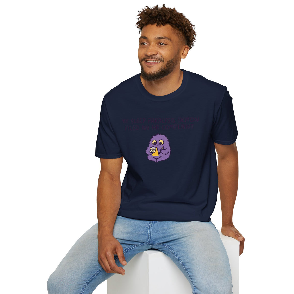 Sleep Paralysis Demon T‑Shirt — Funny Cute Purple Monster with HR Complaint