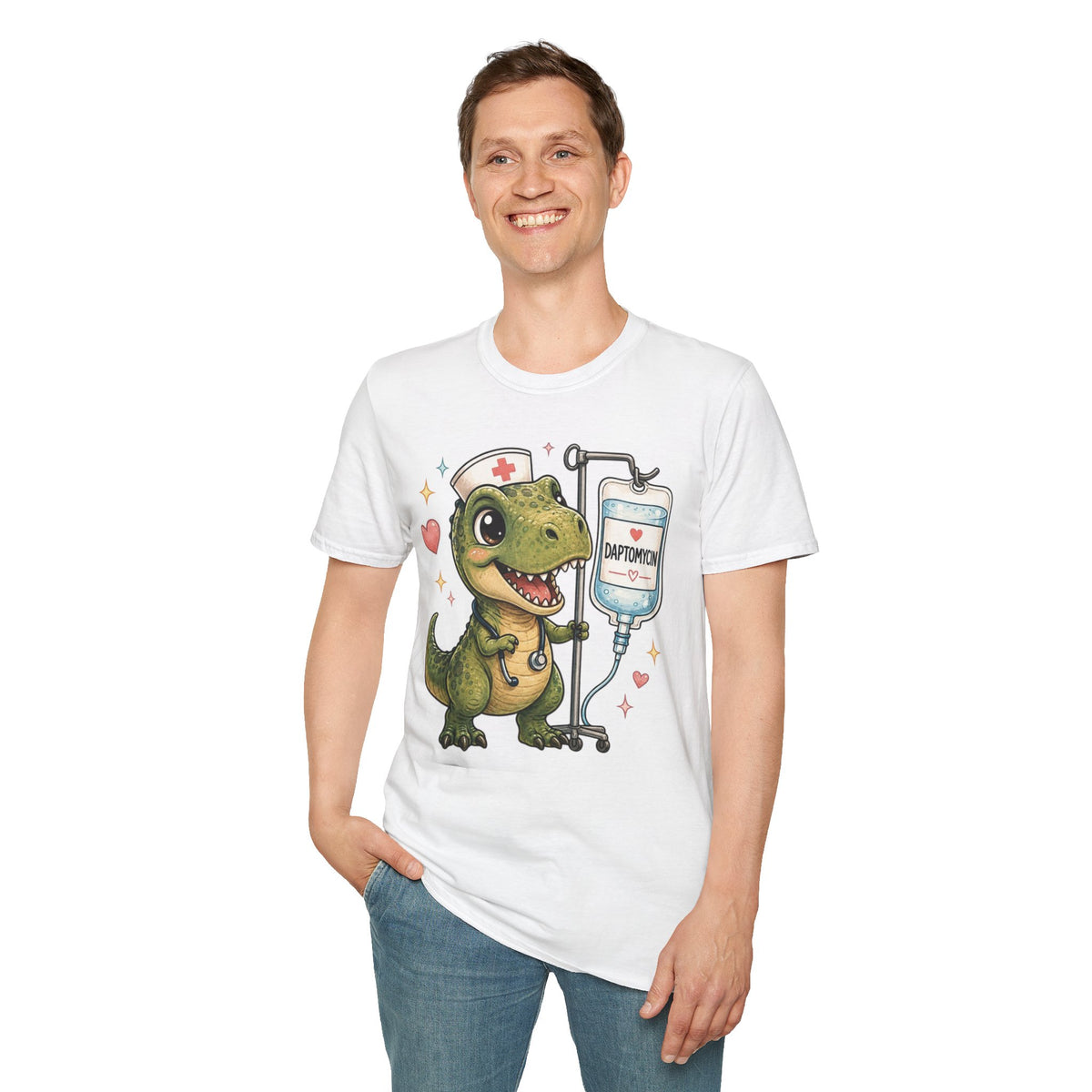 Nurse Dino T‑Shirt — Cute Daptomycin IV Cartoon Tee for Nurses & Med Students