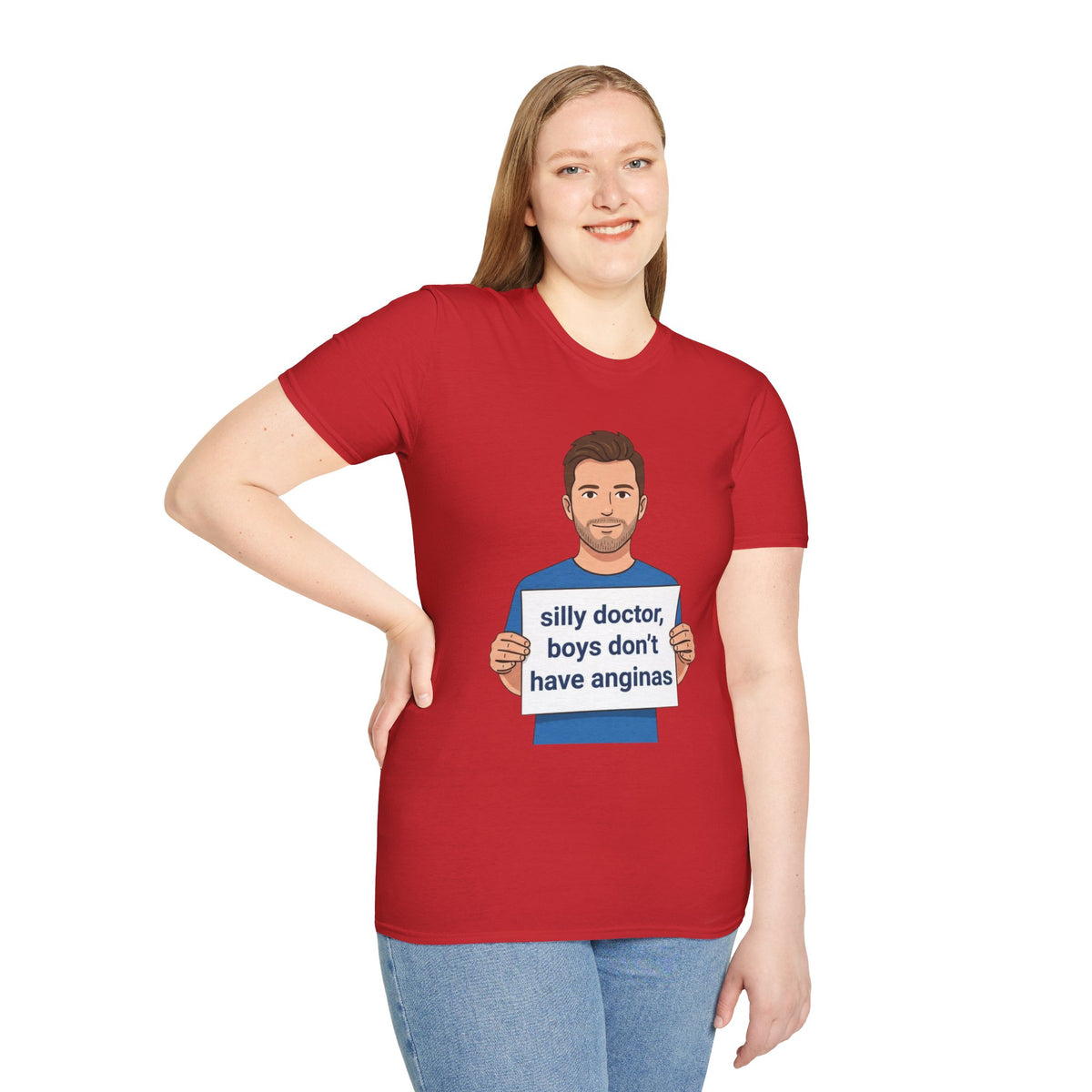 Graphic T-Shirt — 'silly doctor, boys don't have anginas' Cartoon Man Tee
