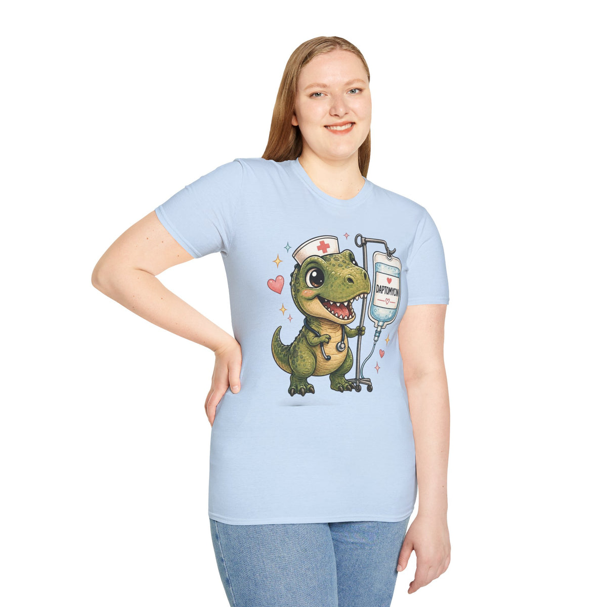 Nurse Dino T‑Shirt — Cute Daptomycin IV Cartoon Tee for Nurses & Med Students