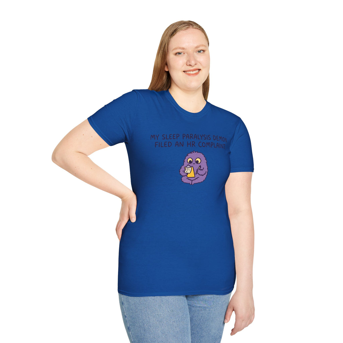 Sleep Paralysis Demon T‑Shirt — Funny Cute Purple Monster with HR Complaint