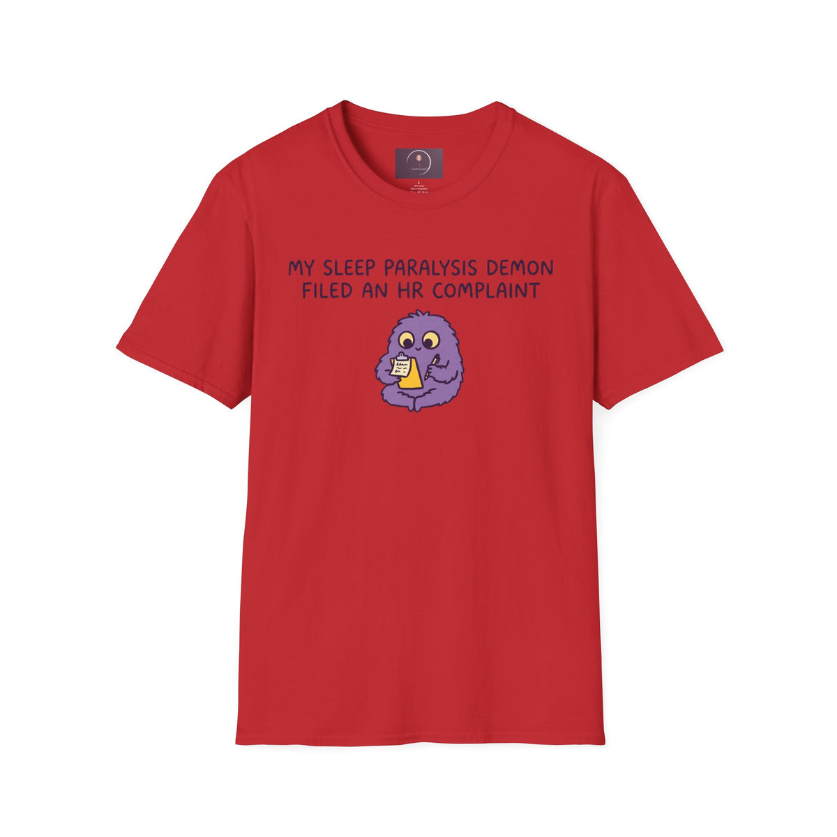 Sleep Paralysis Demon T‑Shirt — Funny Cute Purple Monster with HR Complaint
