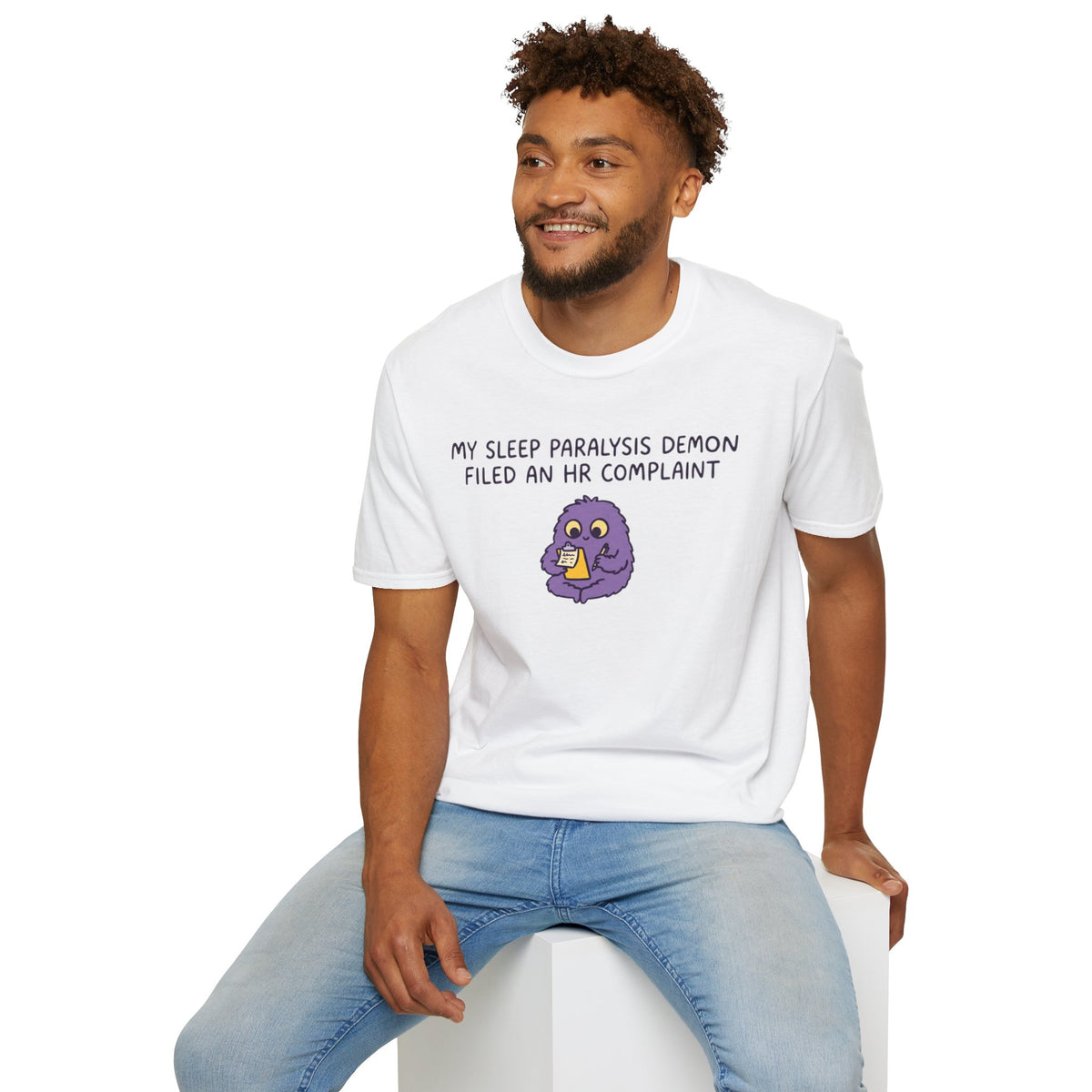 Sleep Paralysis Demon T‑Shirt — Funny Cute Purple Monster with HR Complaint