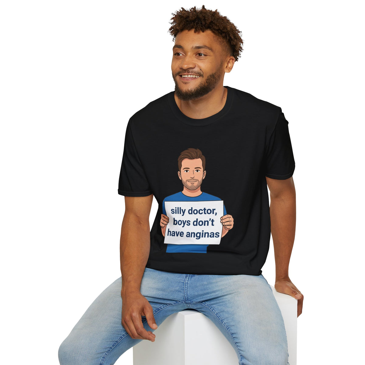 Graphic T-Shirt — 'silly doctor, boys don't have anginas' Cartoon Man Tee
