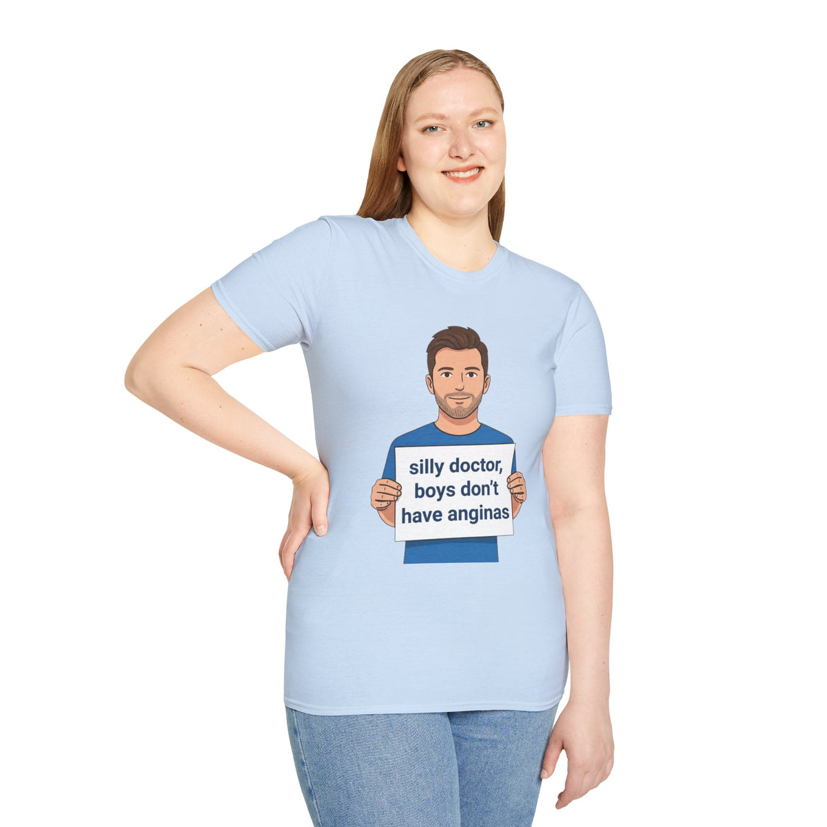 Graphic T-Shirt — 'silly doctor, boys don't have anginas' Cartoon Man Tee
