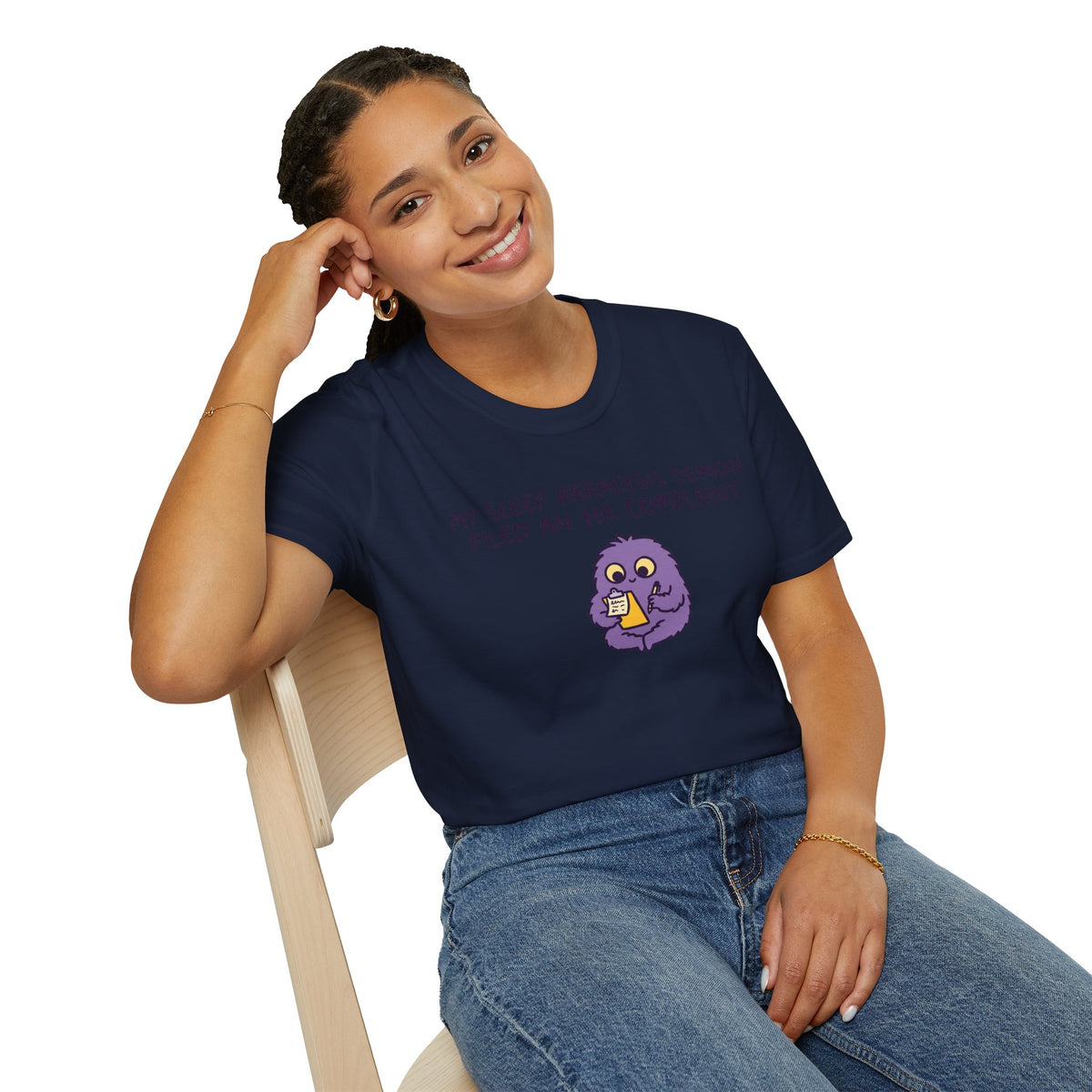 Sleep Paralysis Demon T‑Shirt — Funny Cute Purple Monster with HR Complaint