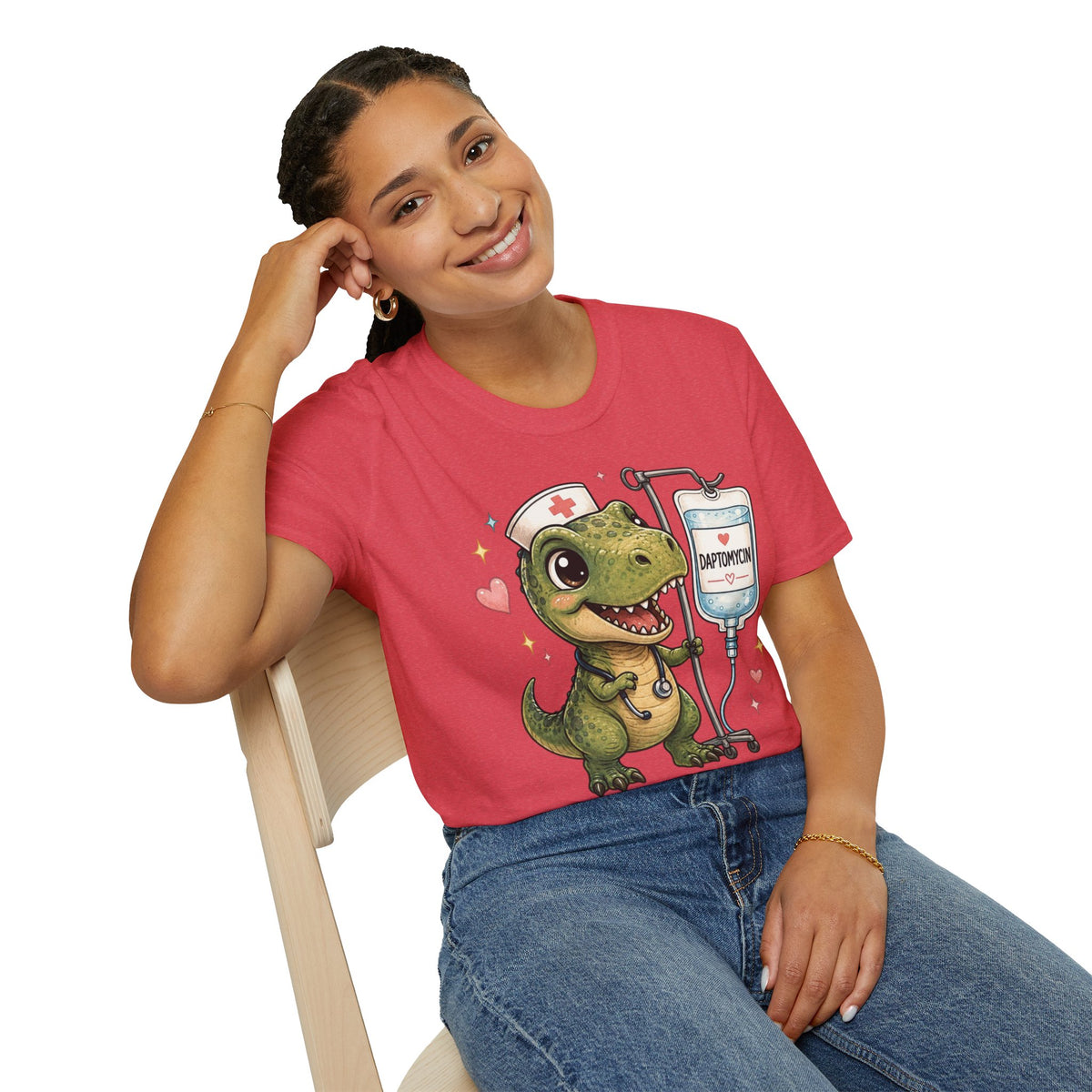 Nurse Dino T‑Shirt — Cute Daptomycin IV Cartoon Tee for Nurses & Med Students