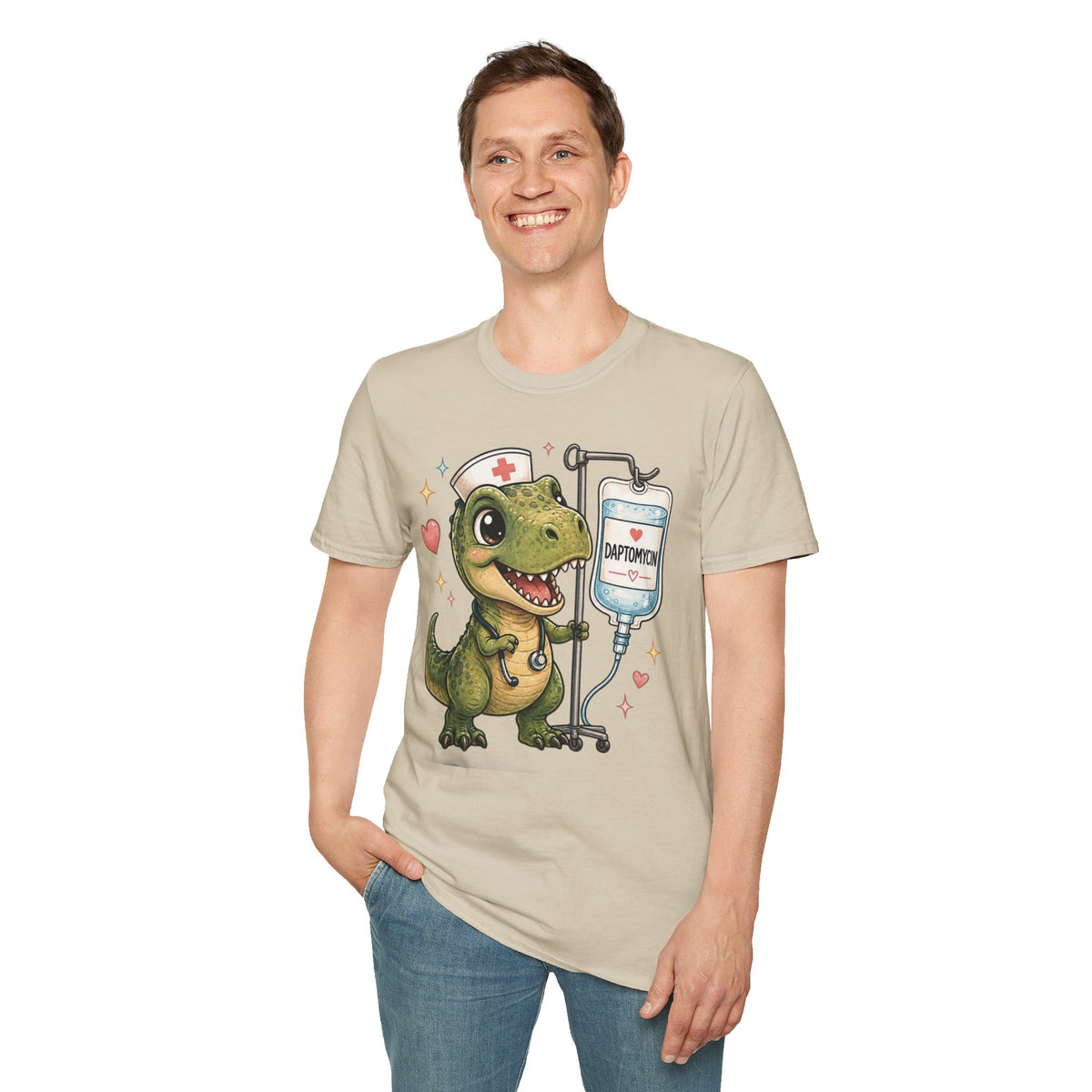 Nurse Dino T‑Shirt — Cute Daptomycin IV Cartoon Tee for Nurses & Med Students