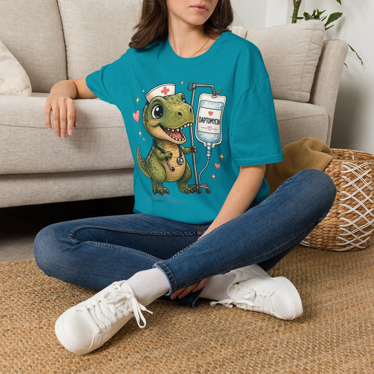 Nurse Dino T‑Shirt — Cute Daptomycin IV Cartoon Tee for Nurses & Med Students