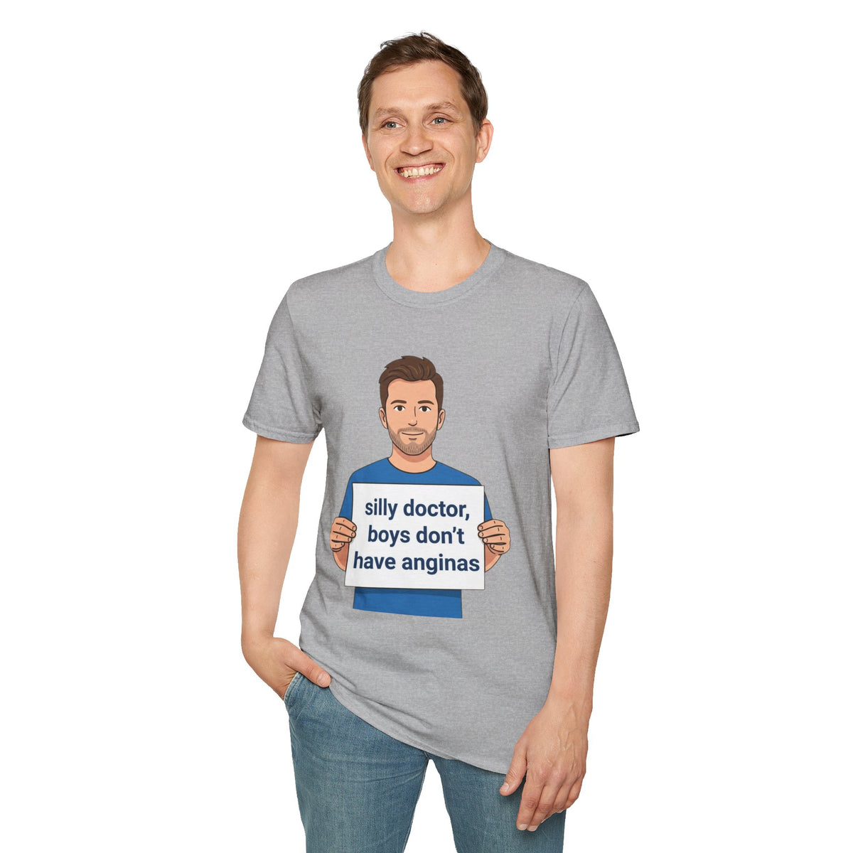 Graphic T-Shirt — 'silly doctor, boys don't have anginas' Cartoon Man Tee