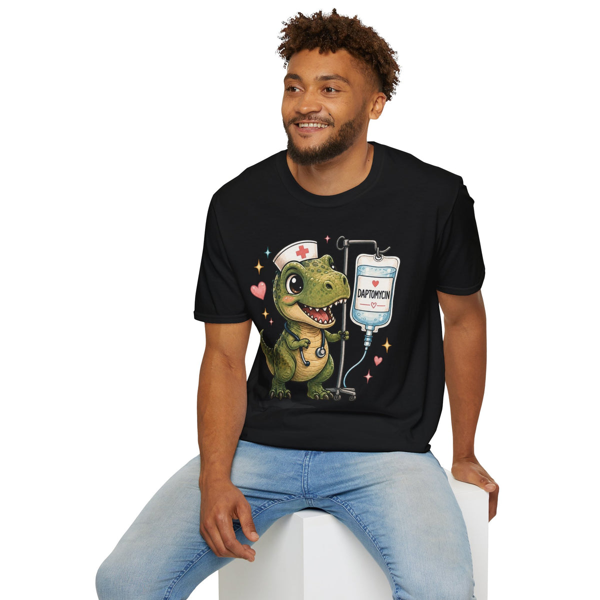 Nurse Dino T‑Shirt — Cute Daptomycin IV Cartoon Tee for Nurses & Med Students