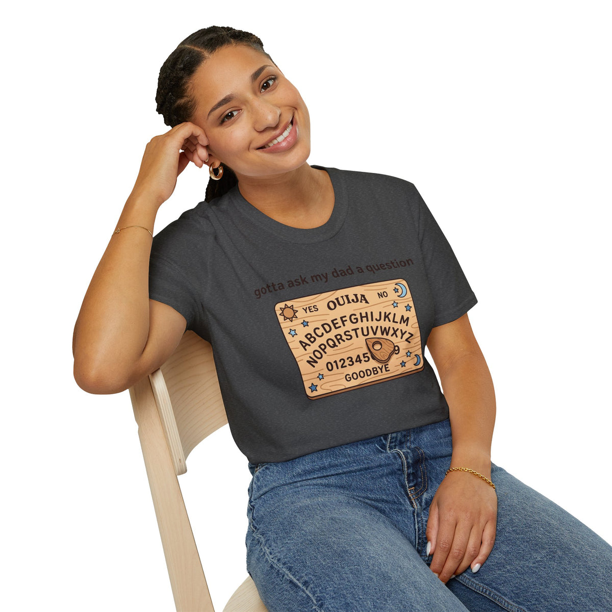 Ouija Board T‑Shirt — "gotta ask my dad a question" Vintage Spirit Board Tee