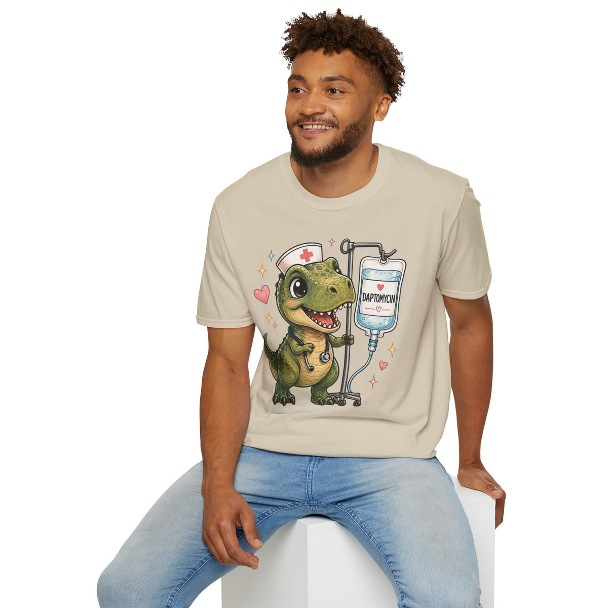 Nurse Dino T‑Shirt — Cute Daptomycin IV Cartoon Tee for Nurses & Med Students