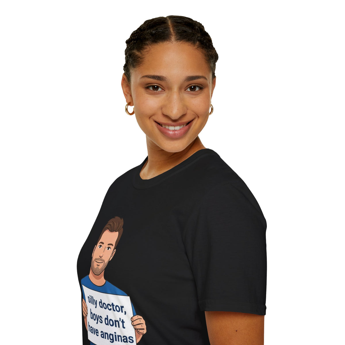 Graphic T-Shirt — 'silly doctor, boys don't have anginas' Cartoon Man Tee
