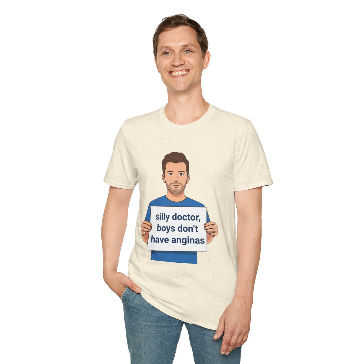 Graphic T-Shirt — 'silly doctor, boys don't have anginas' Cartoon Man Tee