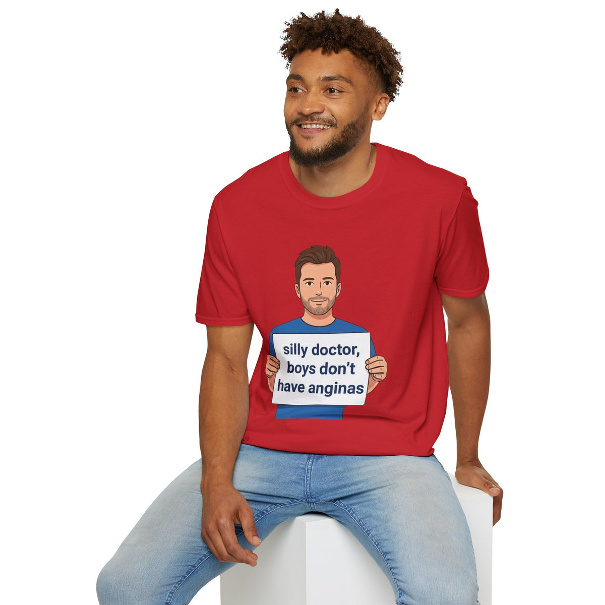 Graphic T-Shirt — 'silly doctor, boys don't have anginas' Cartoon Man Tee