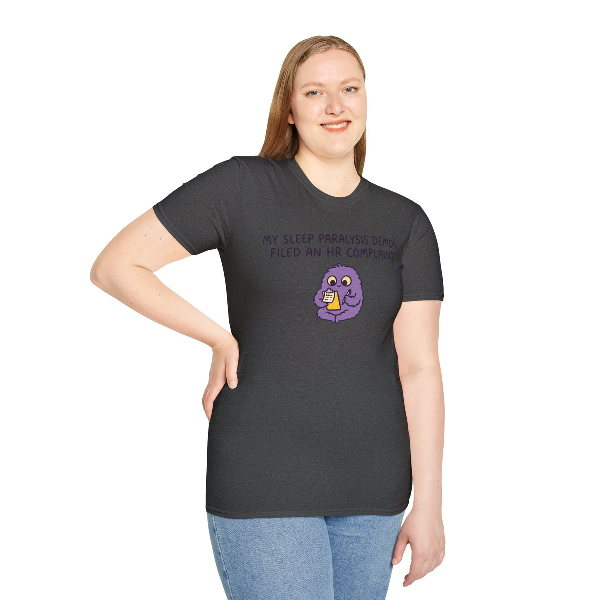 Sleep Paralysis Demon T‑Shirt — Funny Cute Purple Monster with HR Complaint