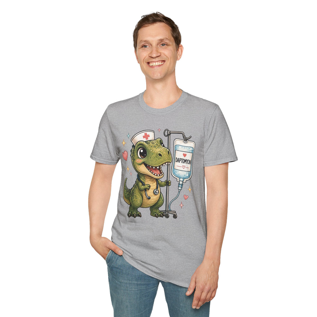 Nurse Dino T‑Shirt — Cute Daptomycin IV Cartoon Tee for Nurses & Med Students