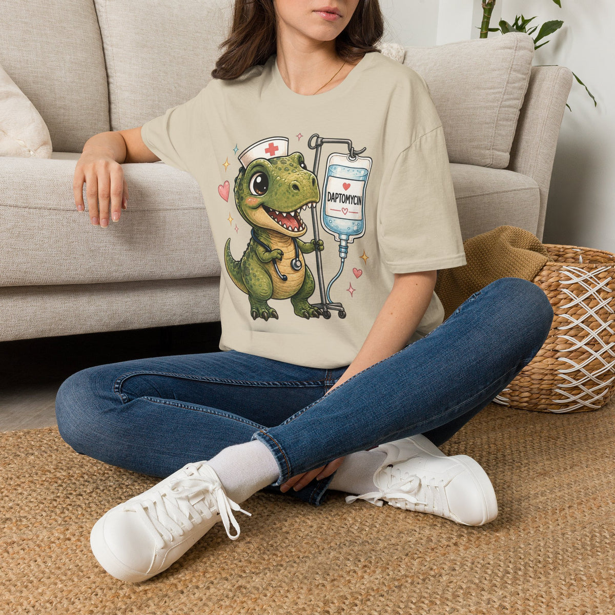 Nurse Dino T‑Shirt — Cute Daptomycin IV Cartoon Tee for Nurses & Med Students
