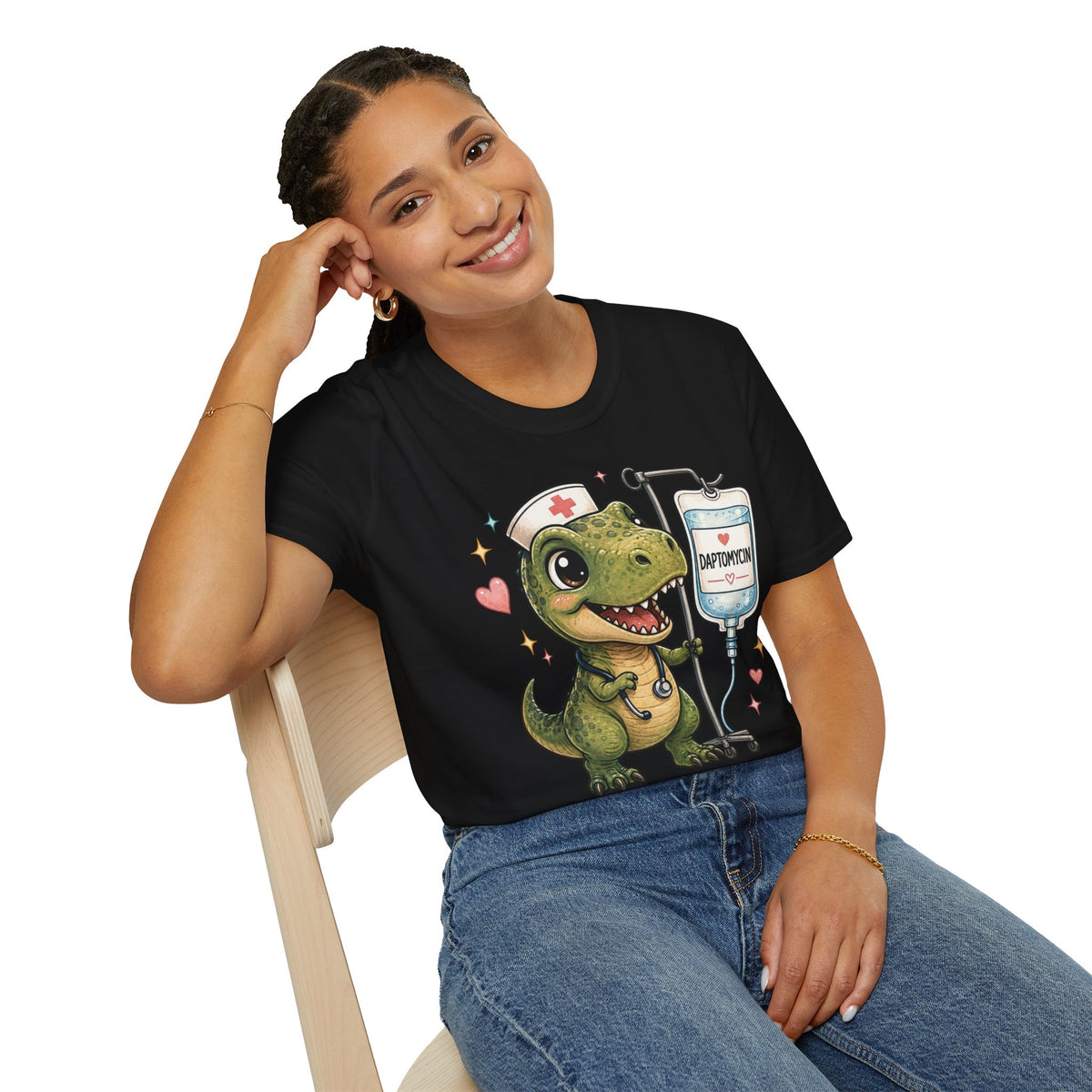 Nurse Dino T‑Shirt — Cute Daptomycin IV Cartoon Tee for Nurses & Med Students