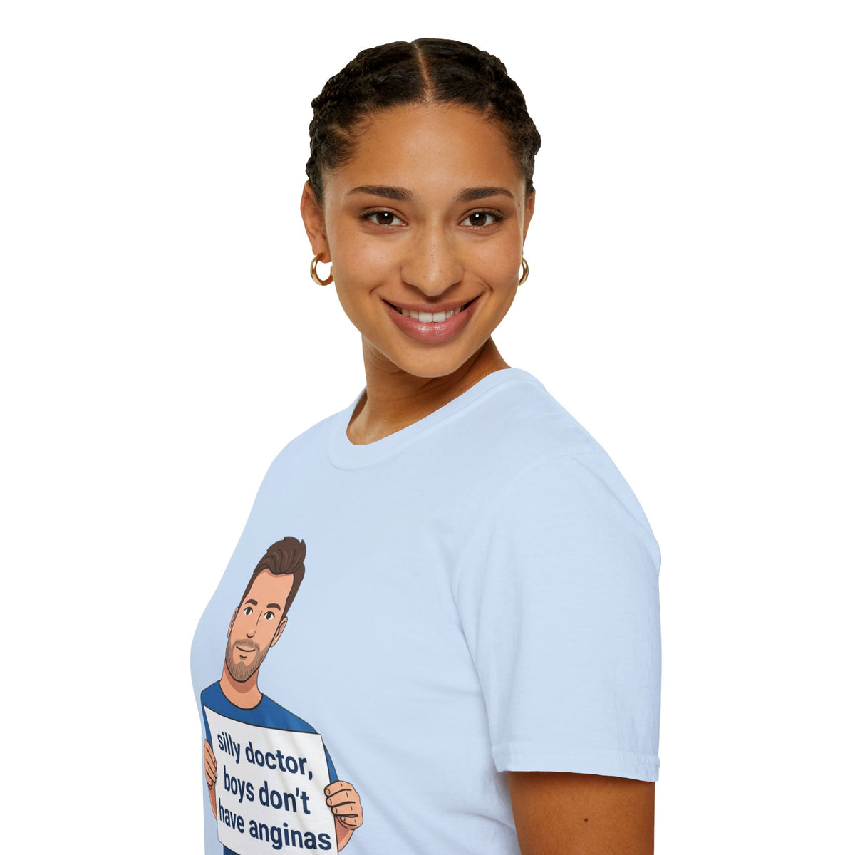 Graphic T-Shirt — 'silly doctor, boys don't have anginas' Cartoon Man Tee