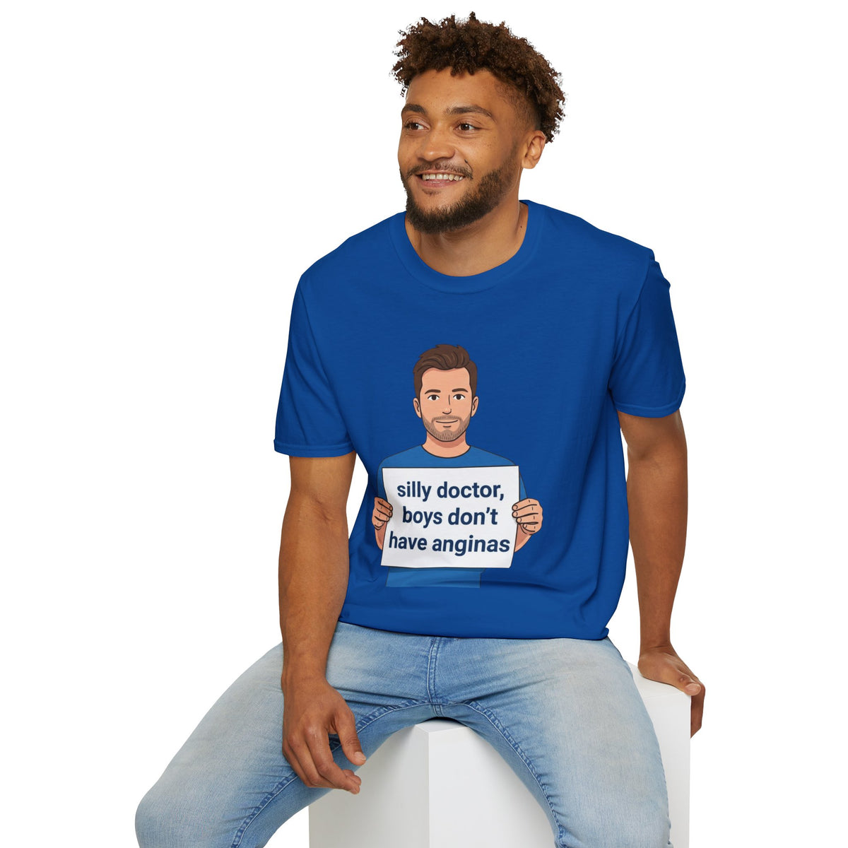 Graphic T-Shirt — 'silly doctor, boys don't have anginas' Cartoon Man Tee