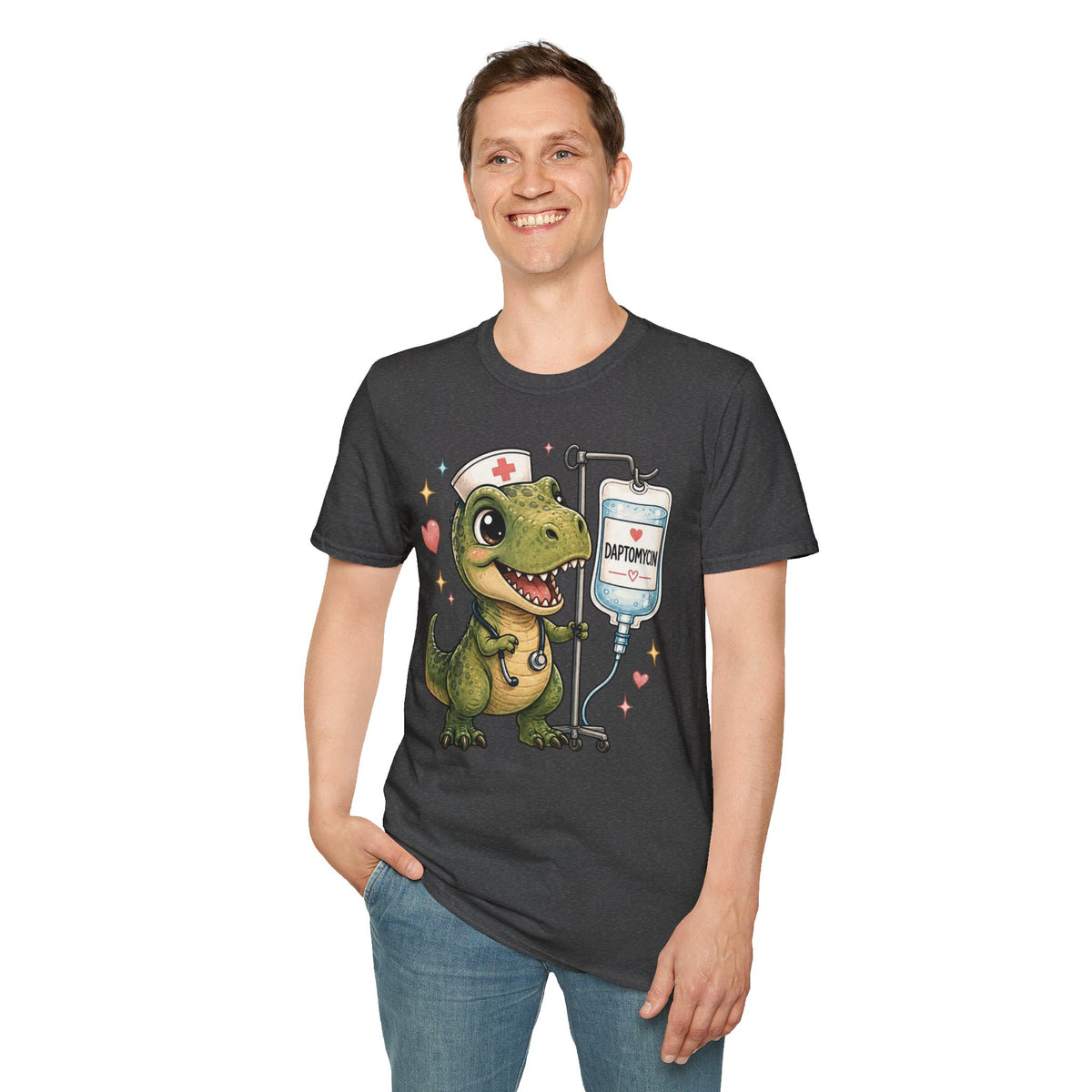Nurse Dino T‑Shirt — Cute Daptomycin IV Cartoon Tee for Nurses & Med Students