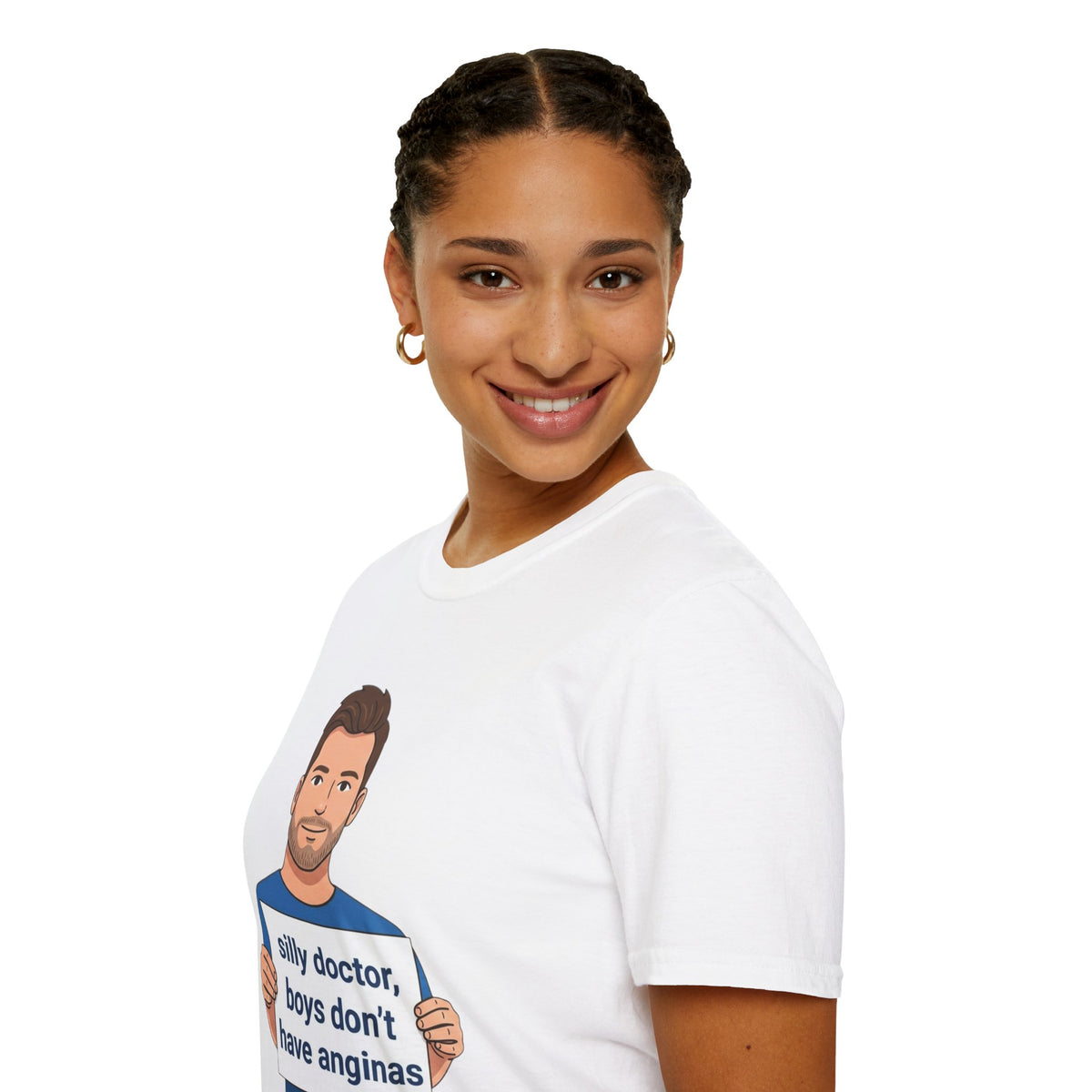 Graphic T-Shirt — 'silly doctor, boys don't have anginas' Cartoon Man Tee
