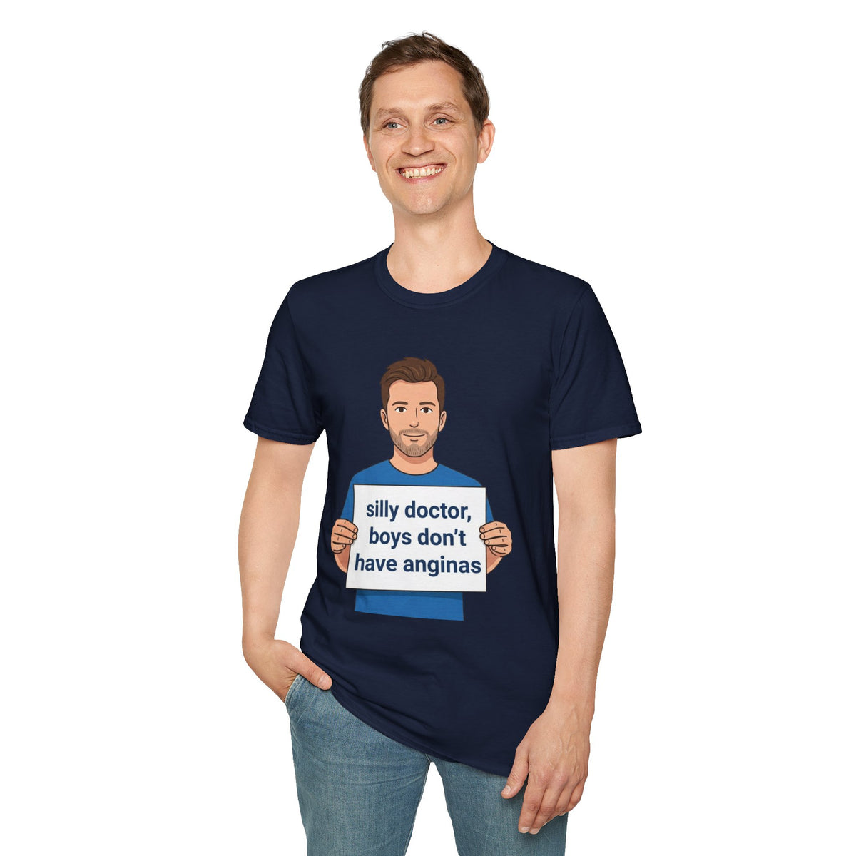 Graphic T-Shirt — 'silly doctor, boys don't have anginas' Cartoon Man Tee