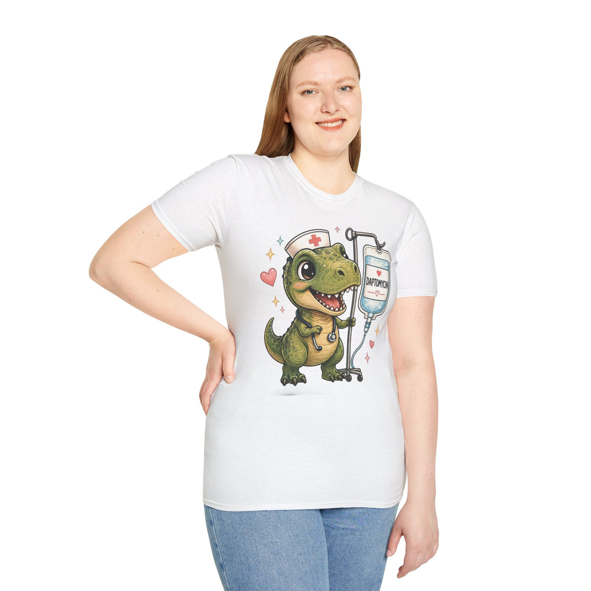 Nurse Dino T‑Shirt — Cute Daptomycin IV Cartoon Tee for Nurses & Med Students
