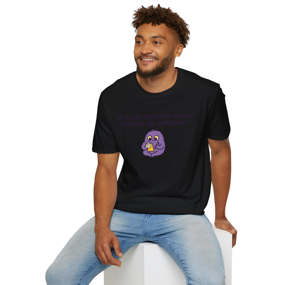 Sleep Paralysis Demon T‑Shirt — Funny Cute Purple Monster with HR Complaint