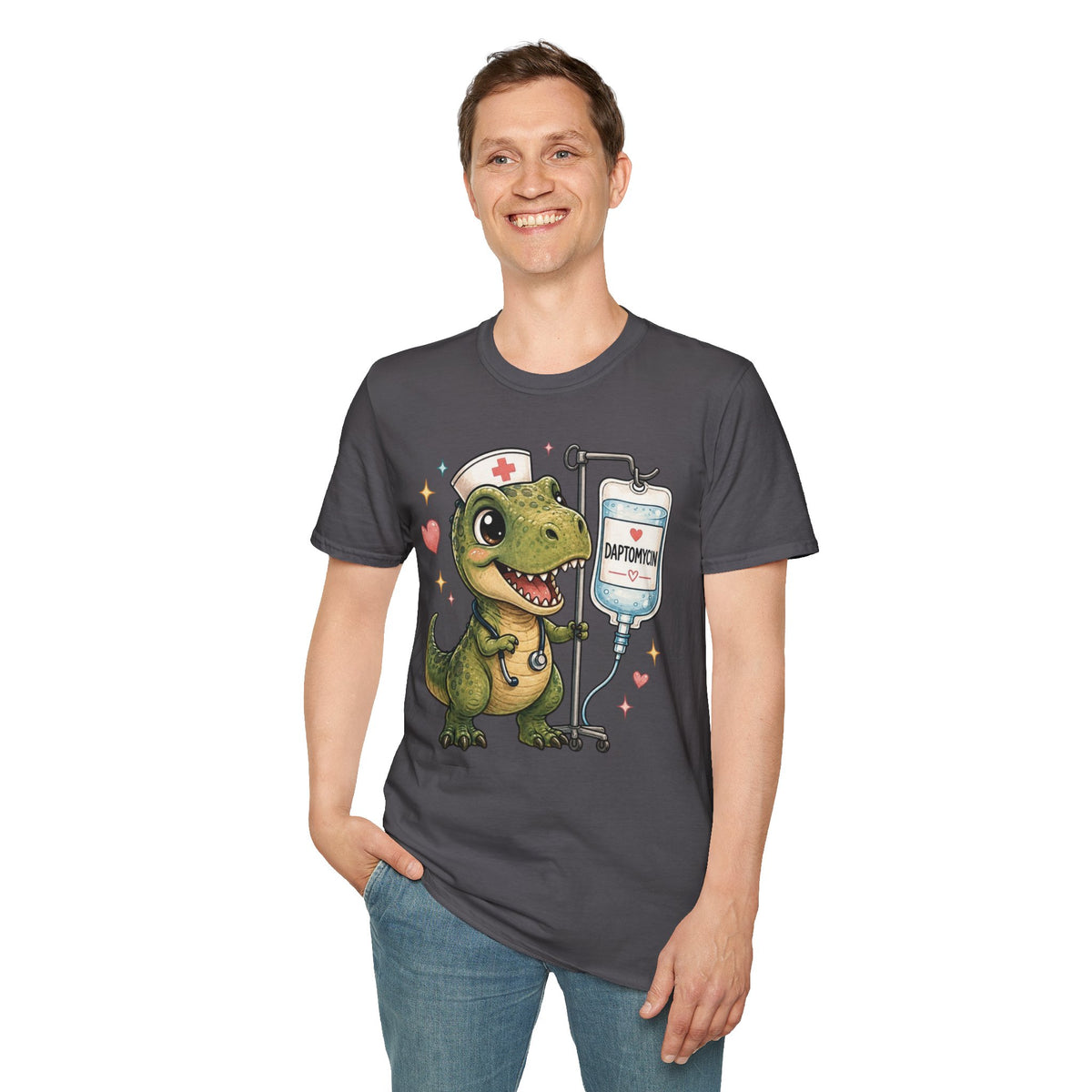 Nurse Dino T‑Shirt — Cute Daptomycin IV Cartoon Tee for Nurses & Med Students
