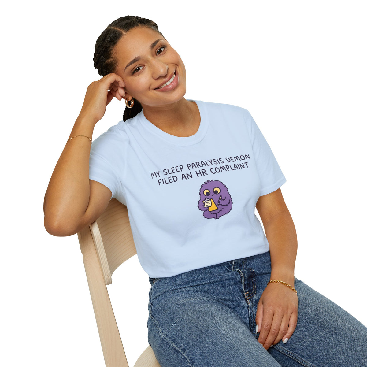 Sleep Paralysis Demon T‑Shirt — Funny Cute Purple Monster with HR Complaint