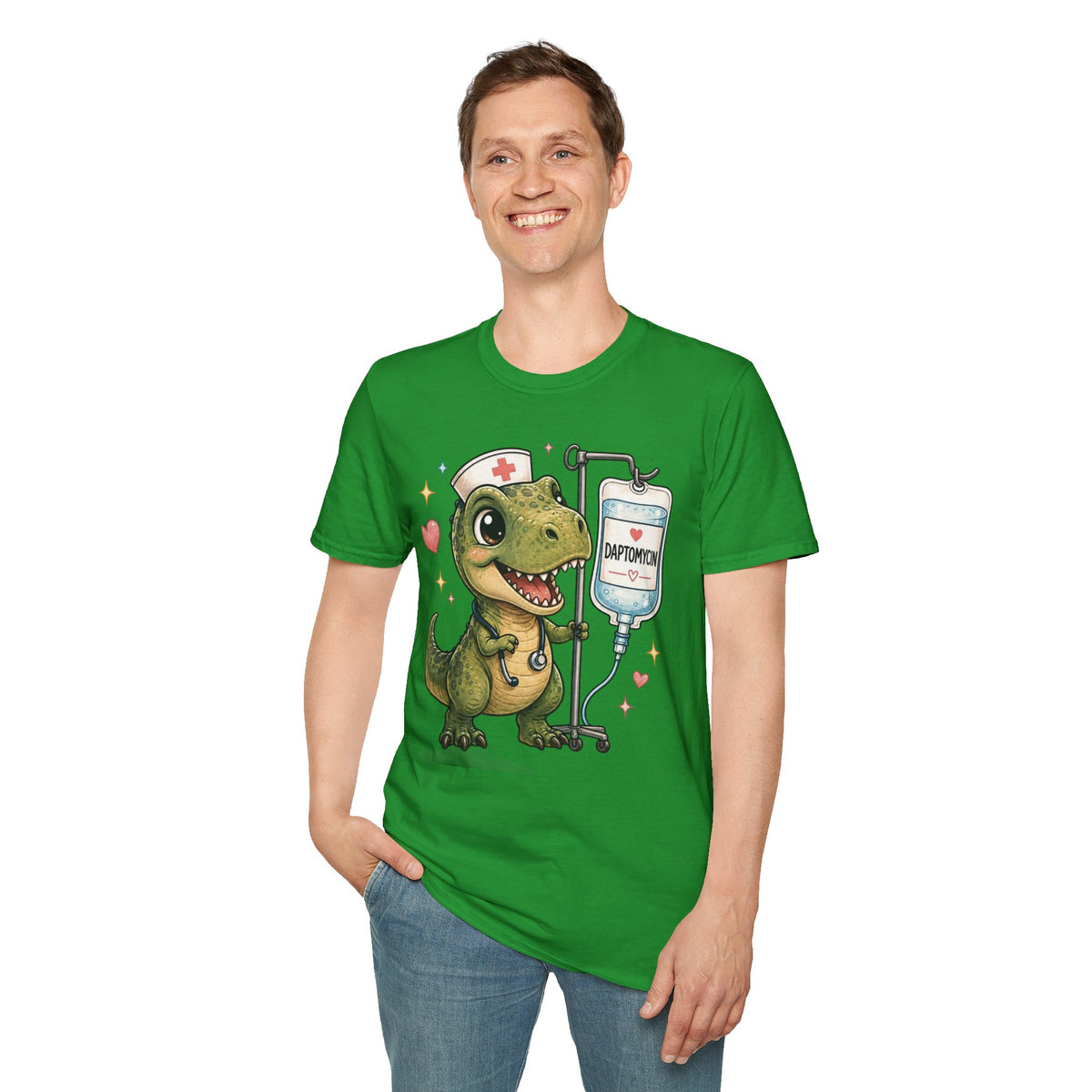 Nurse Dino T‑Shirt — Cute Daptomycin IV Cartoon Tee for Nurses & Med Students