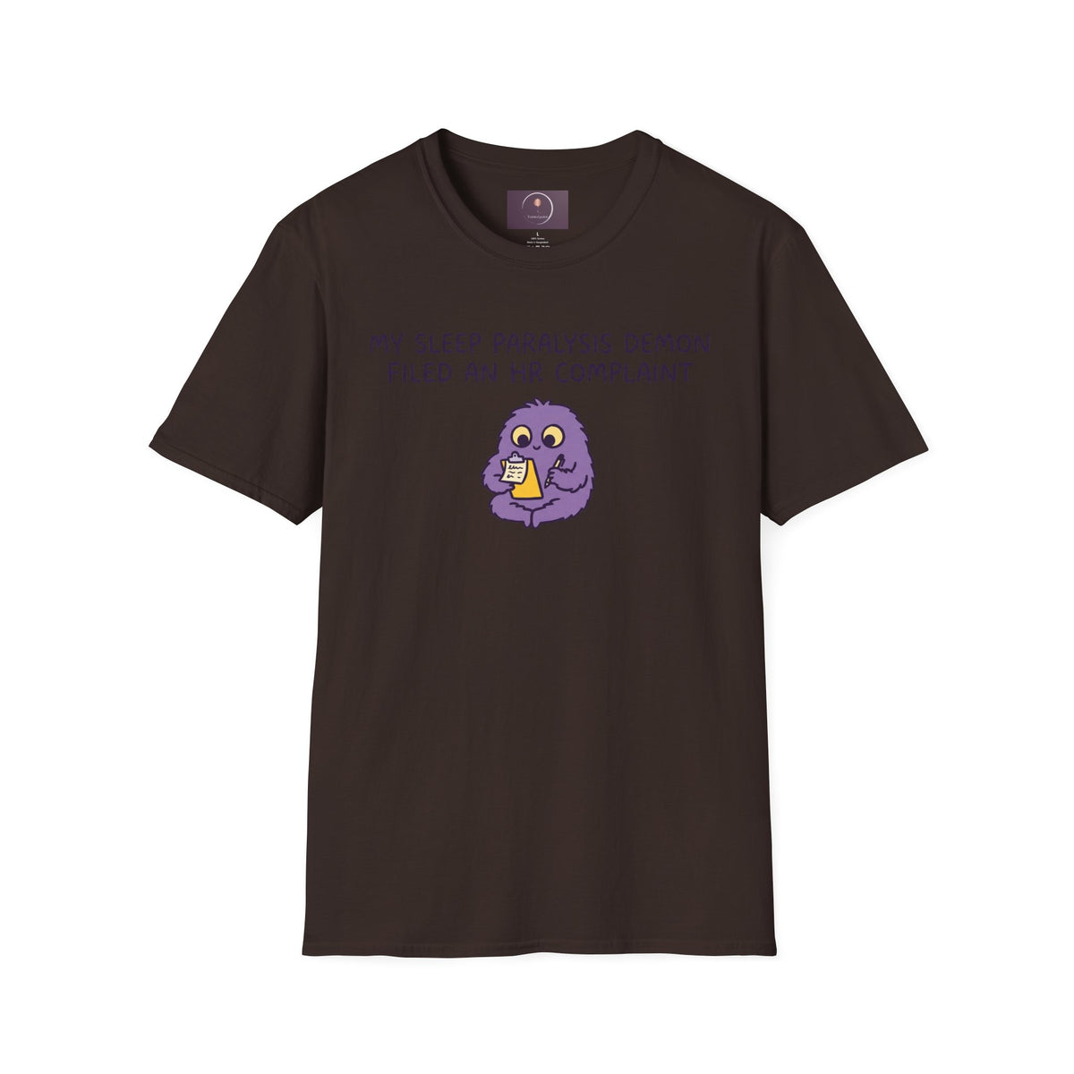 Sleep Paralysis Demon T‑Shirt — Funny Cute Purple Monster with HR Complaint