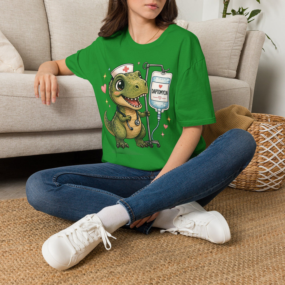 Nurse Dino T‑Shirt — Cute Daptomycin IV Cartoon Tee for Nurses & Med Students