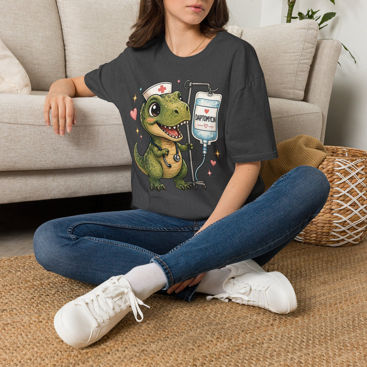 Nurse Dino T‑Shirt — Cute Daptomycin IV Cartoon Tee for Nurses & Med Students