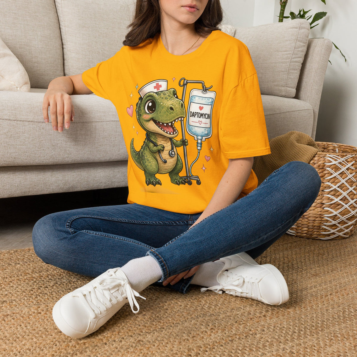 Nurse Dino T‑Shirt — Cute Daptomycin IV Cartoon Tee for Nurses & Med Students