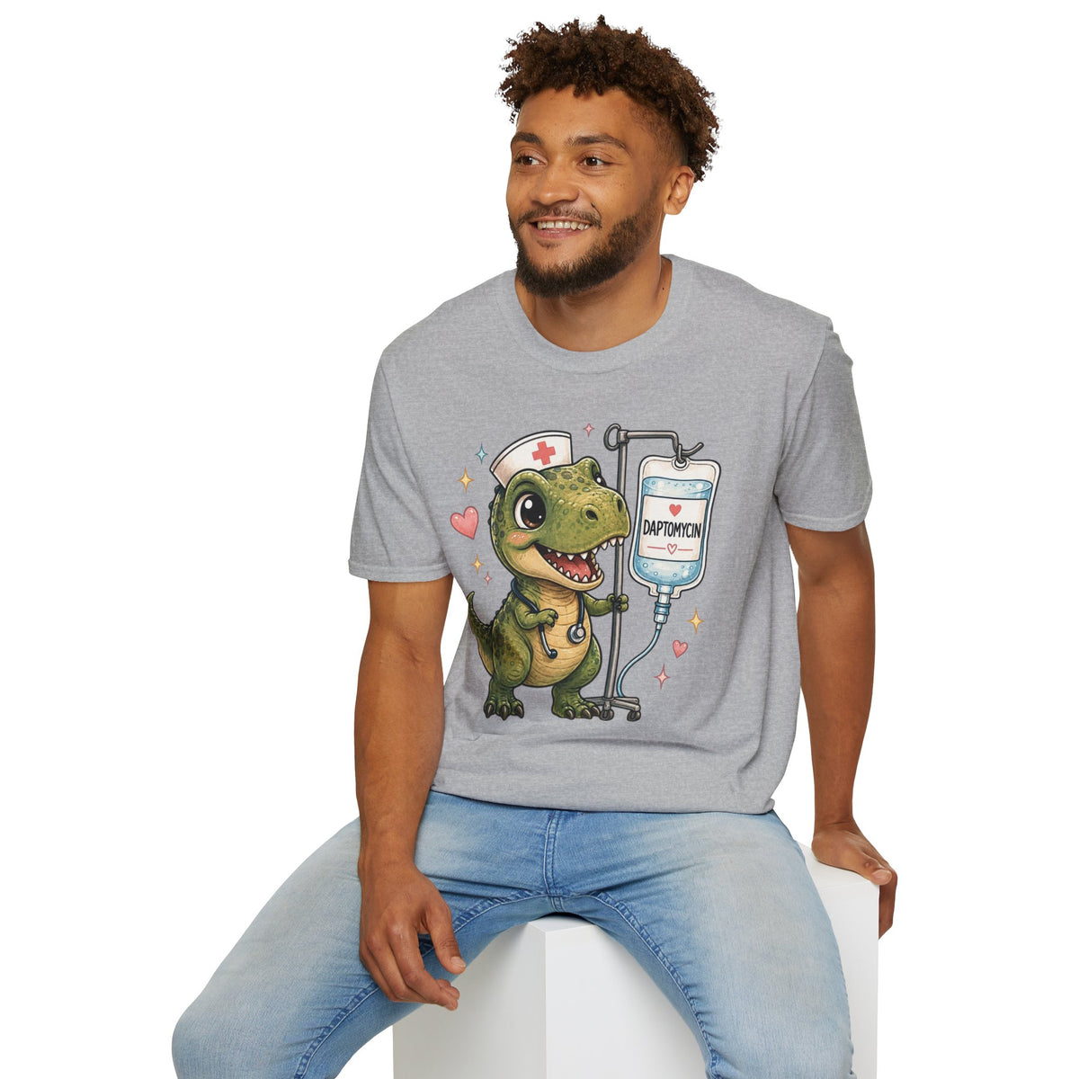Nurse Dino T‑Shirt — Cute Daptomycin IV Cartoon Tee for Nurses & Med Students