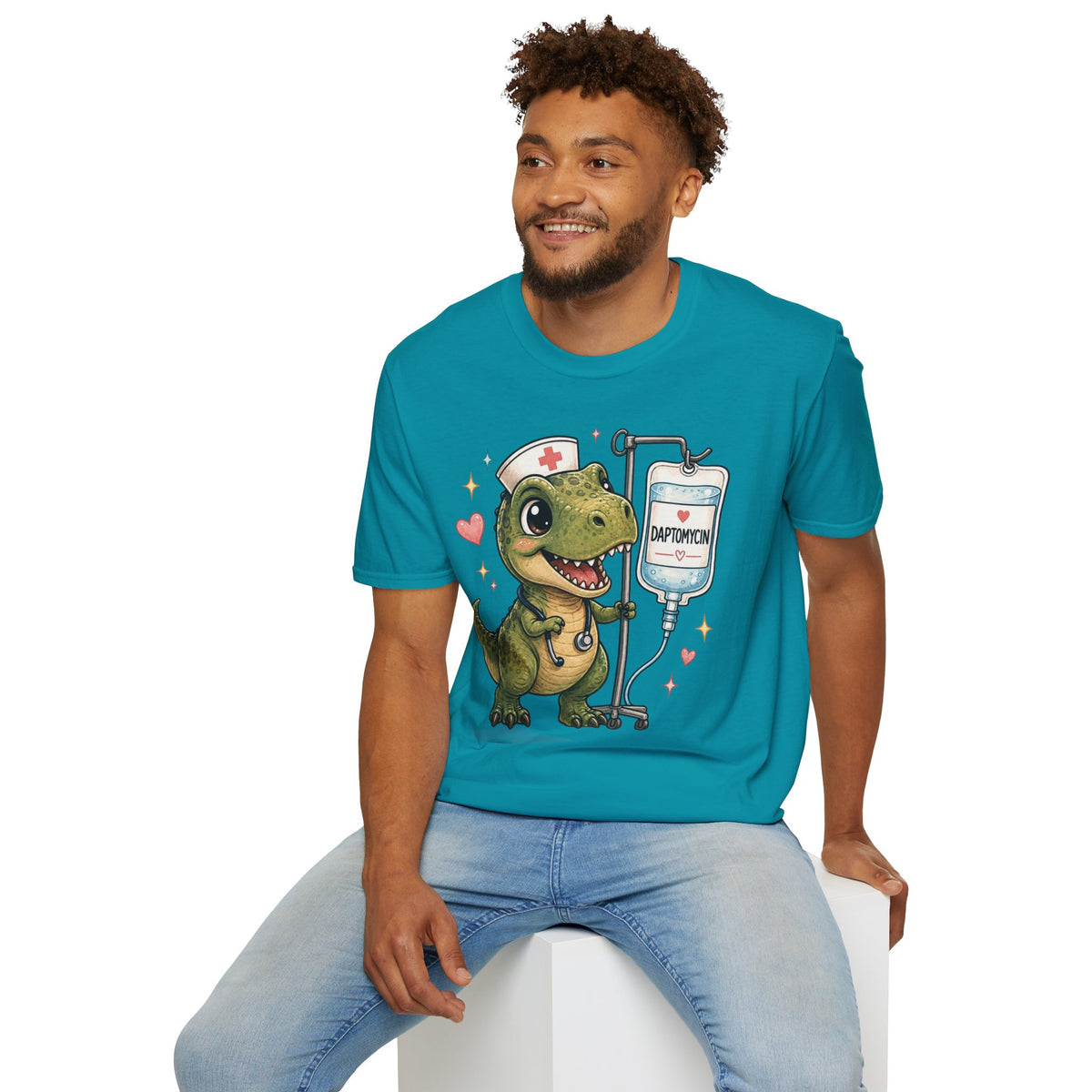 Nurse Dino T‑Shirt — Cute Daptomycin IV Cartoon Tee for Nurses & Med Students
