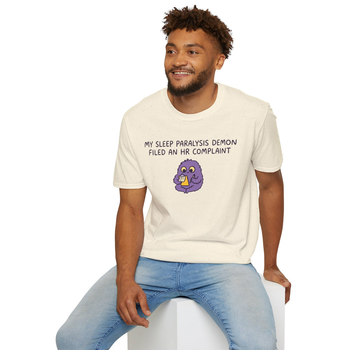 Sleep Paralysis Demon T‑Shirt — Funny Cute Purple Monster with HR Complaint
