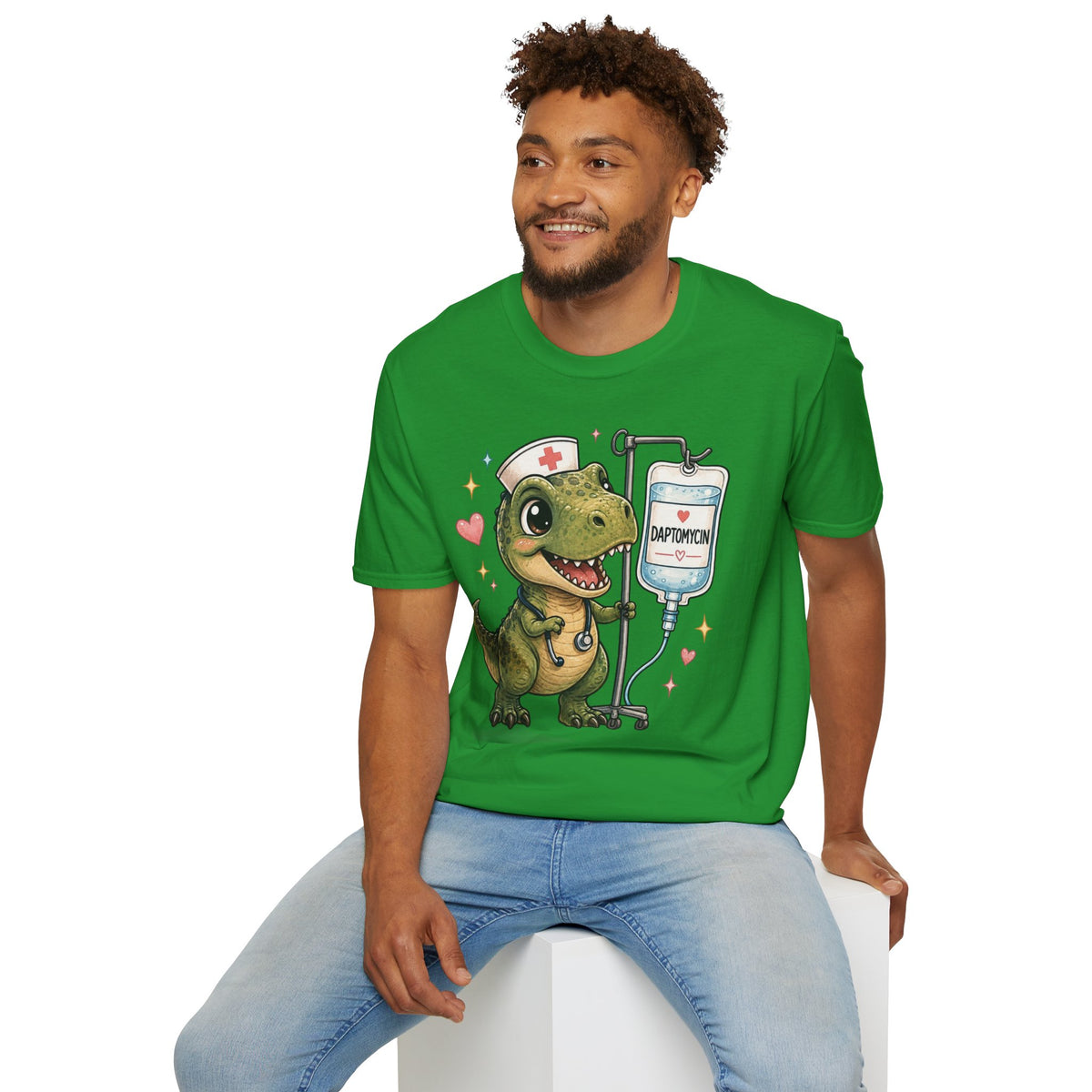 Nurse Dino T‑Shirt — Cute Daptomycin IV Cartoon Tee for Nurses & Med Students