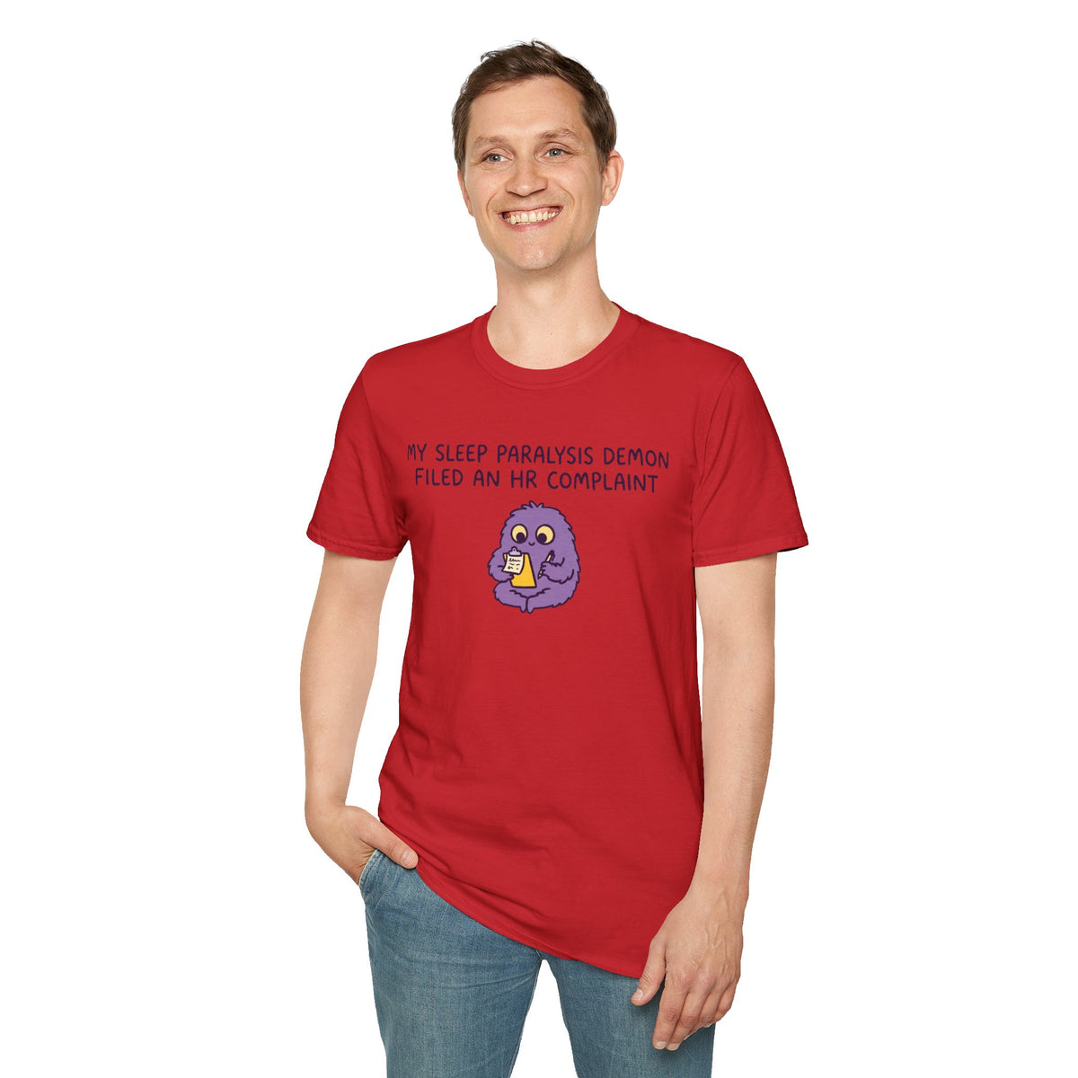 Sleep Paralysis Demon T‑Shirt — Funny Cute Purple Monster with HR Complaint