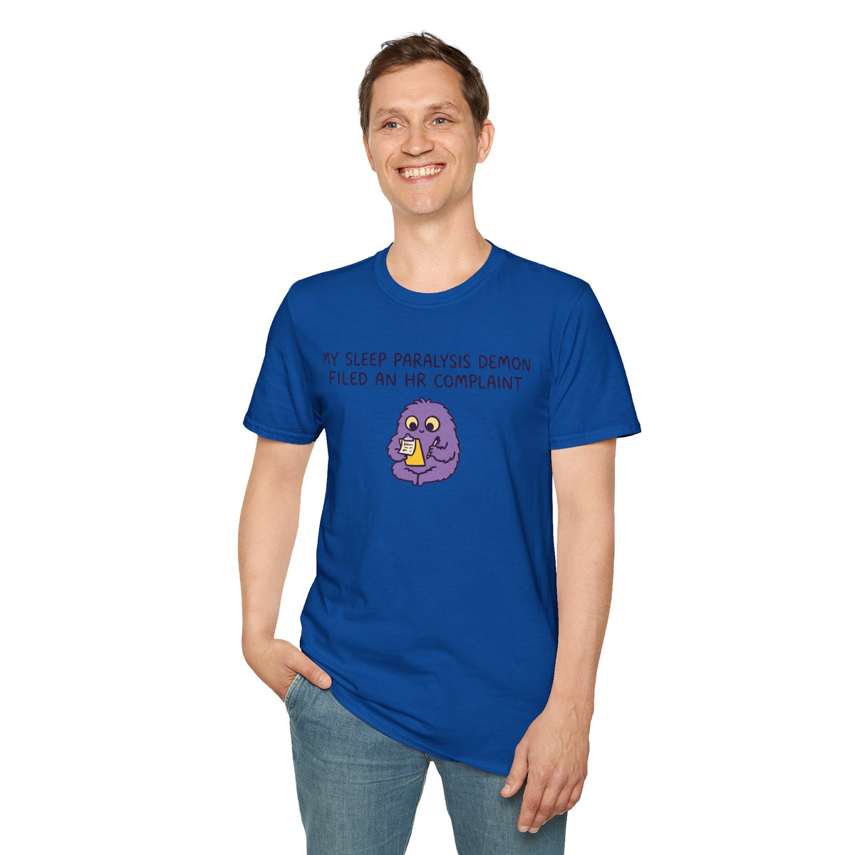 Sleep Paralysis Demon T‑Shirt — Funny Cute Purple Monster with HR Complaint