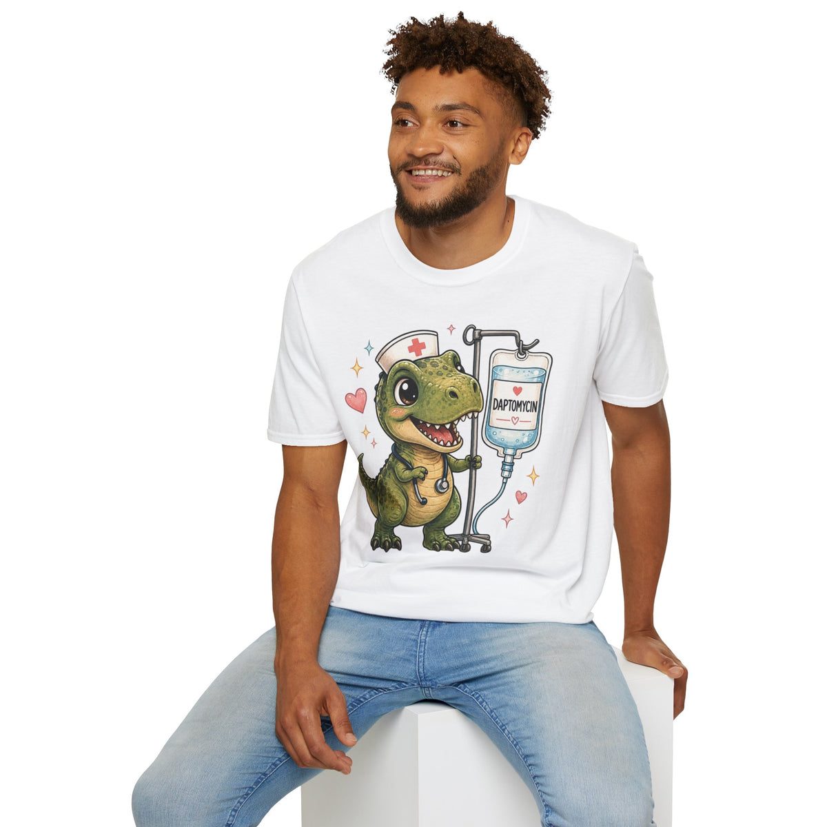 Nurse Dino T‑Shirt — Cute Daptomycin IV Cartoon Tee for Nurses & Med Students