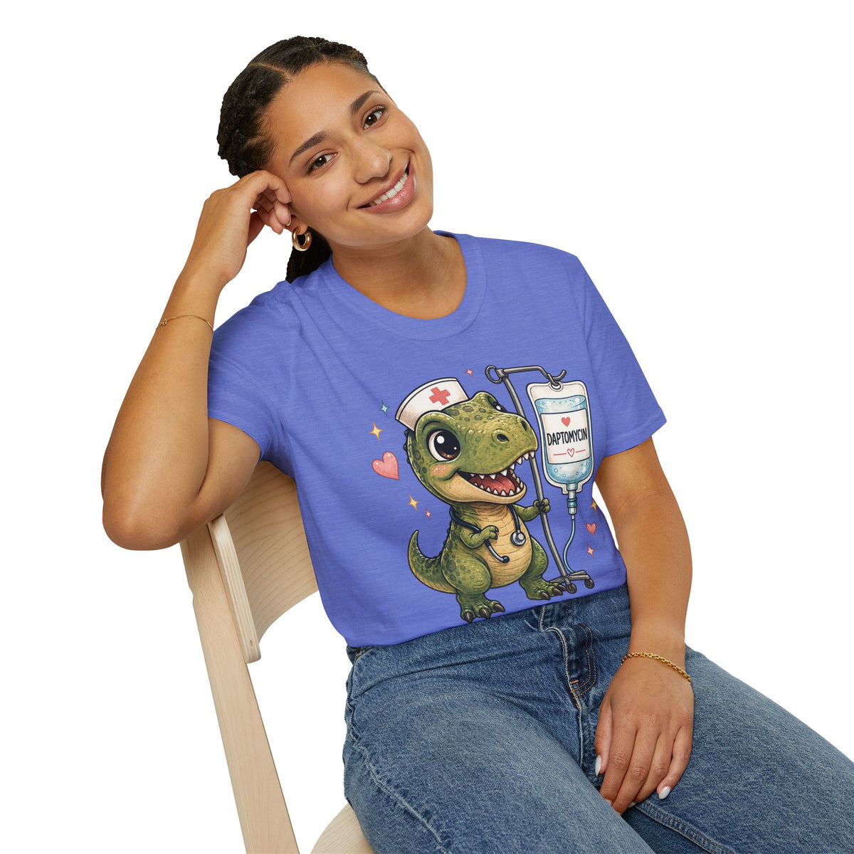Nurse Dino T‑Shirt — Cute Daptomycin IV Cartoon Tee for Nurses & Med Students