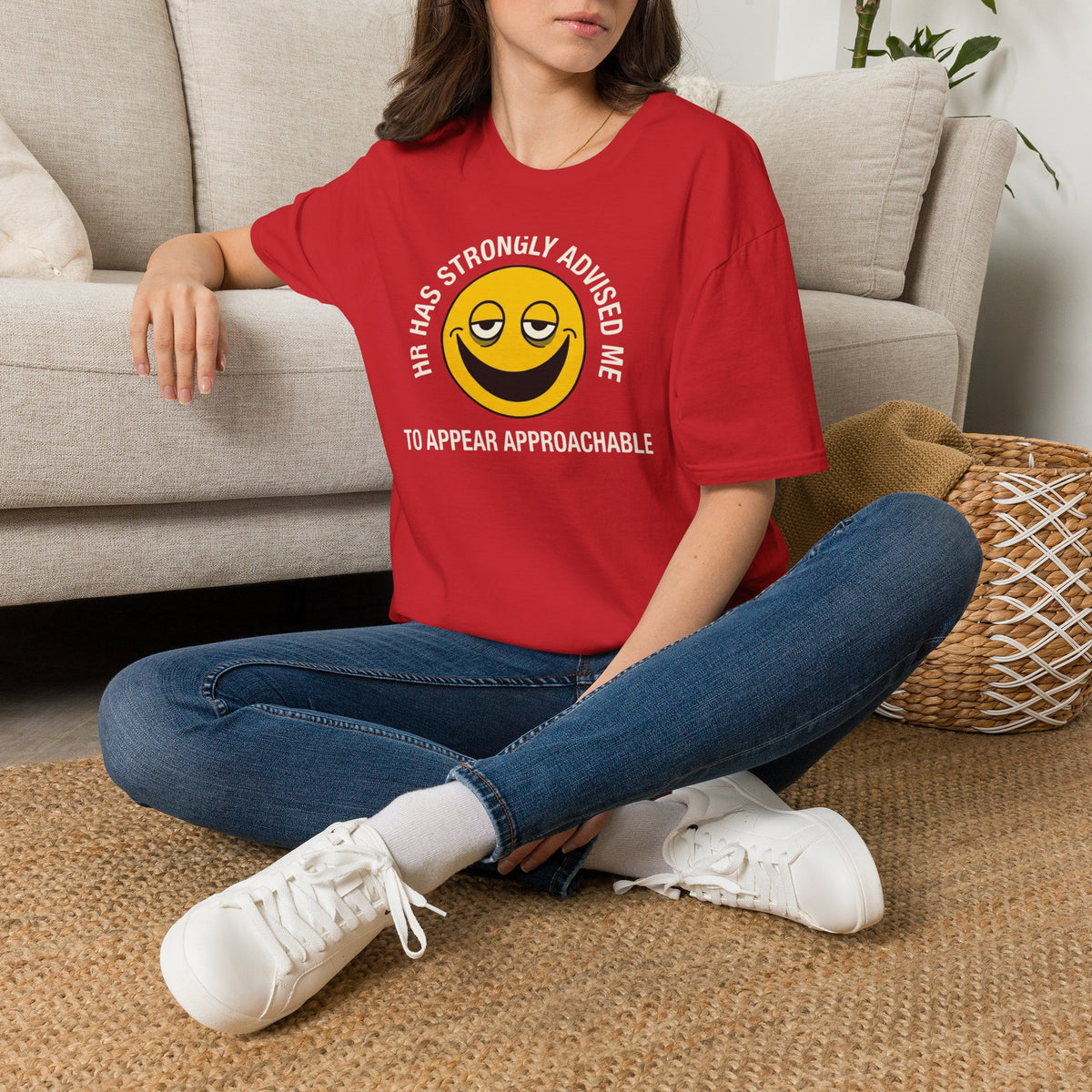 T-Shirt — “HR Has Strongly Advised Me to Appear Approachable” Smiley Face Novelty Tee